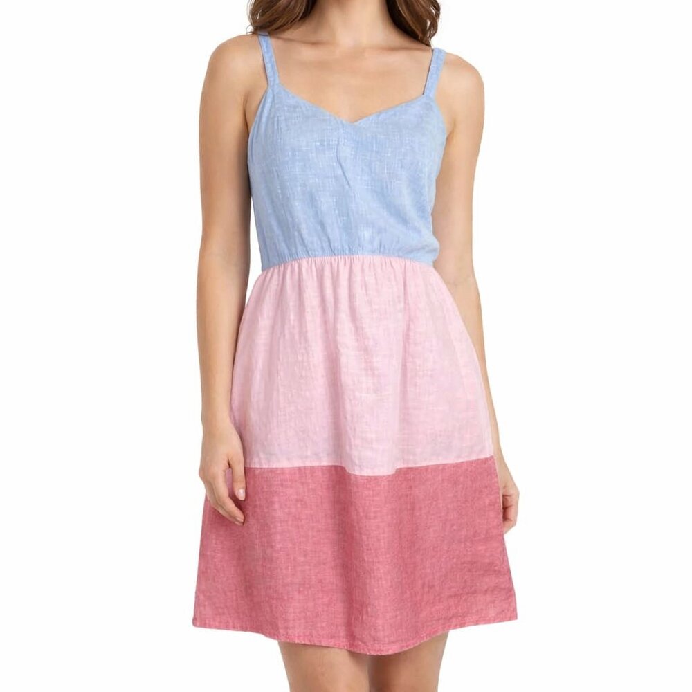 Cynthia Rowley 100% Linen Colorblock Mini Sundress Pastel Blue Pink Red Size 8